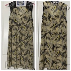 Anthropologie Lil Tassel Fronds Silk Dress US 6 Yellow Black Sheer Belted